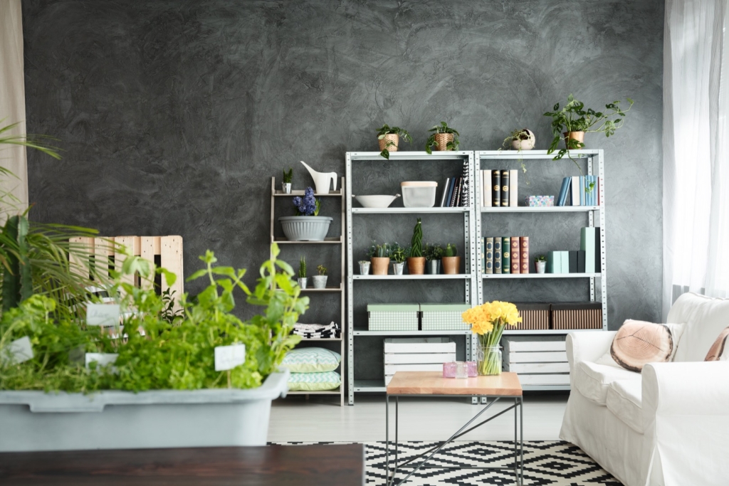 Grey and white decor of spacious loft interior